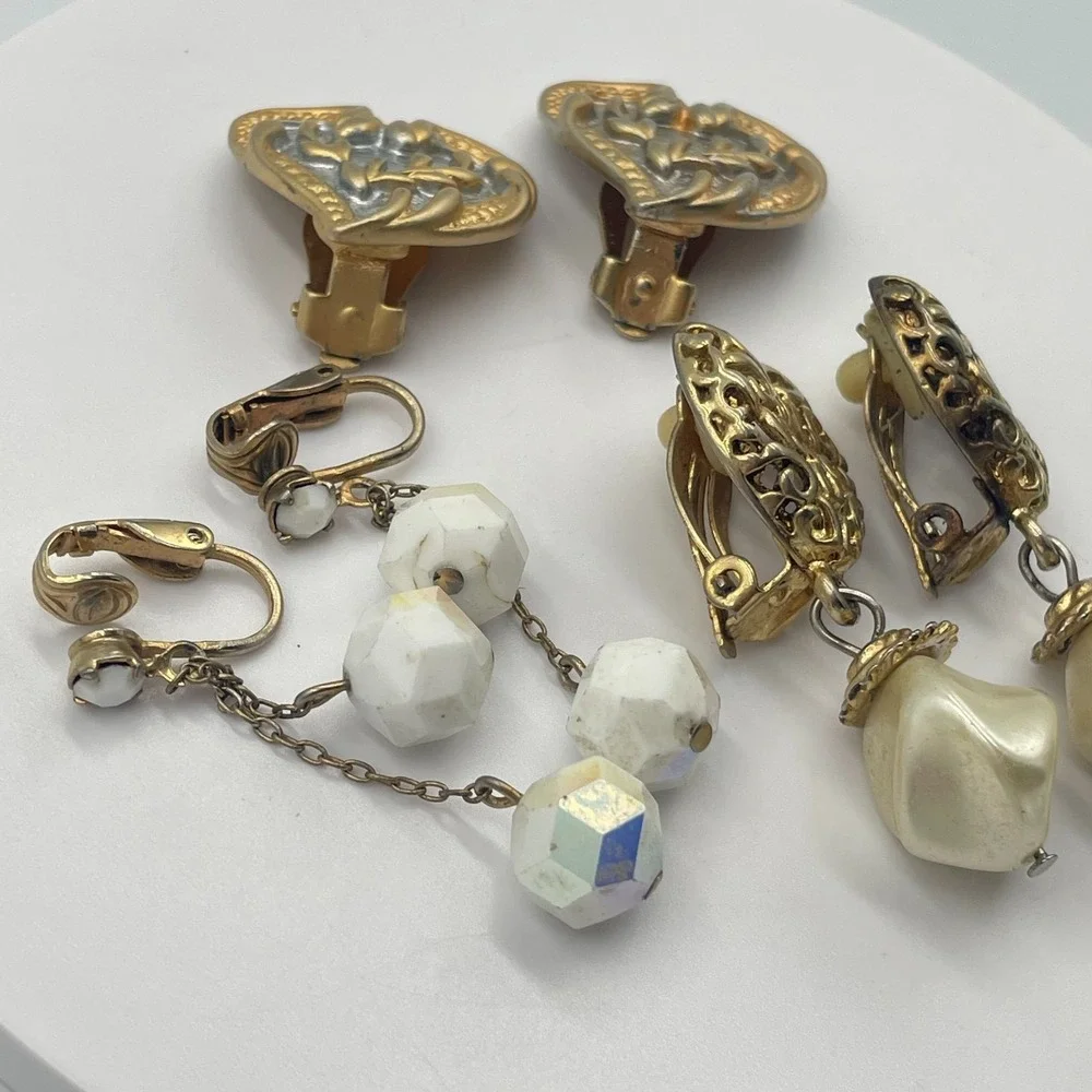 Vintage Estate Clip-On Earring Lot Mixed Style Dangle Faux Pearl Heart 3 Pairs